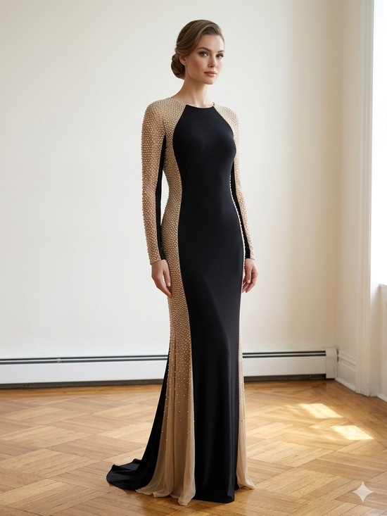 Xscape Dresses & Skirts - XSCAPE Madison Caviar Beaded Panel Jersey Gown Black Cream Long Sleeve Size 12
